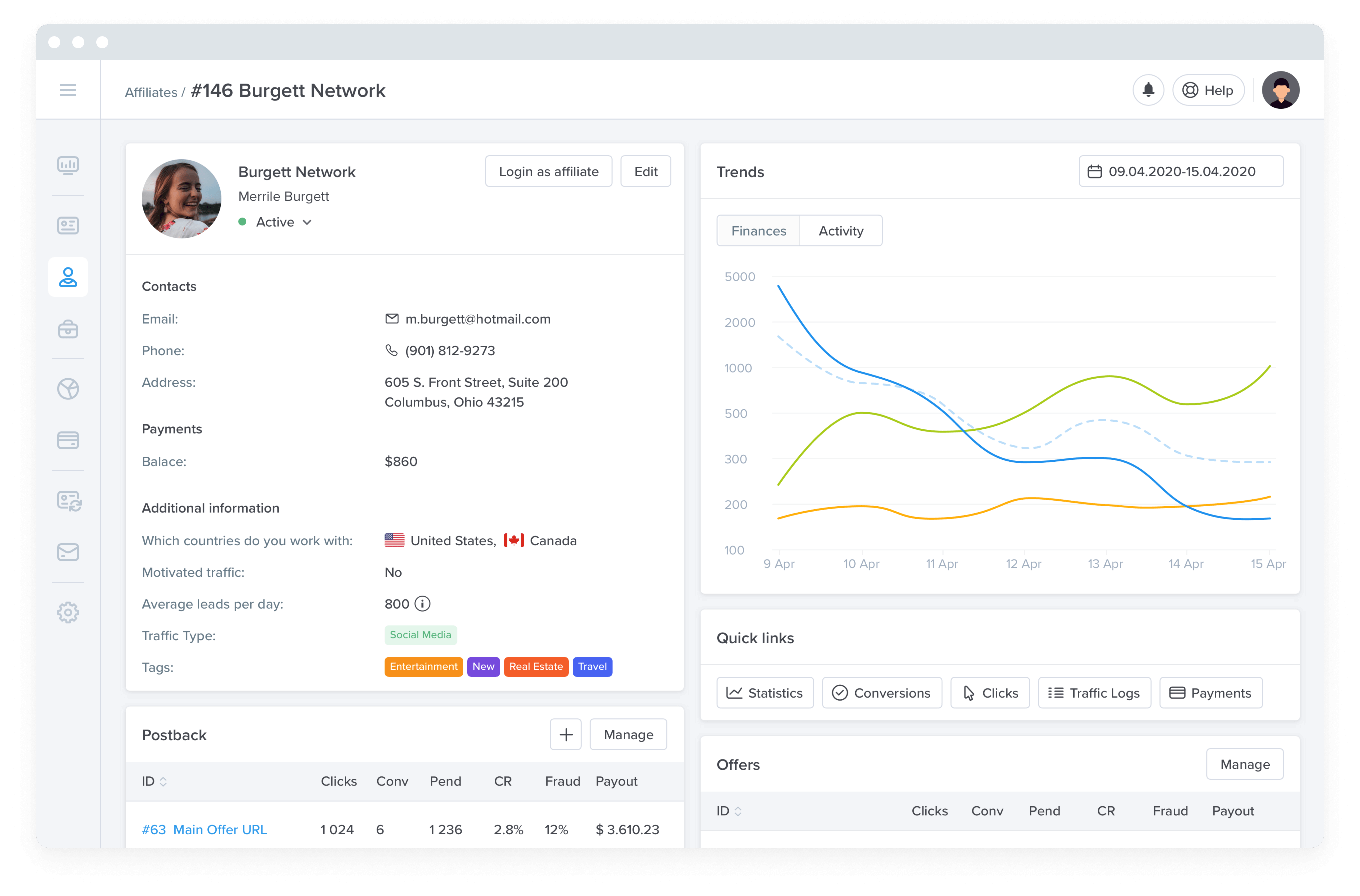 TrigmaAds affiliate software tracking screenshot for affiliates